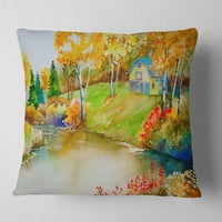 Designart kuća i mirno jezerce u jesen - pejzažni štampani jastuk - 16x16