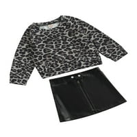 Canrulo Toddler Baby Girls Fall odjeća Leopard tiskani vrhovi dugih rukava + PU kožne patentne suknje od
