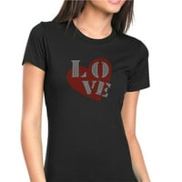 Ženska majica Rhinestone Bling Black Tee Love Heart Red Valentine Crew Crt X-Veliki