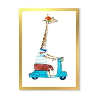 Žirafa Obučen Nosi Kacigu & Jahanje Plavi Skuter Djeca Uokvirena Slika Platnu Art Print