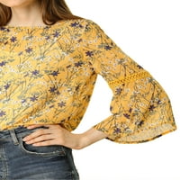 Unique Bargains ženski zvonasti rukav cvjetni printovi šifonska bluza sa Kami