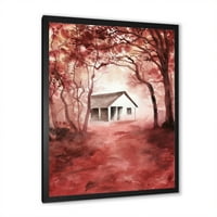 PROIZVODNJAČA Crvena jesenska šuma i kuća u divljini kabina i lodge uramljena umjetnička štampa