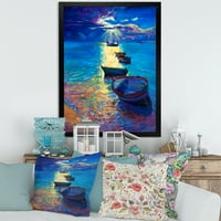 PROIZVODNJA Ribarski brodovi na vodi sa tamno plavim nebo ilustracijom jezero kuća uramljena umjetnička štampa