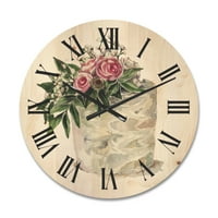 Designart' bijelo cvijeće i roze ruže na torti ' tradicionalni drveni zidni sat