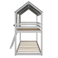 Aukfa Twin over Twin krevet na sprat za decu, drveni krevet sa krovom, prozorom, ogradom i merdevinama, krevet