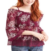 No Bounties Juniors ' floral printed cold should w lace trim bluza