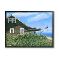 Stupell Industries Seaside House američka zastava mirna obalna Kuća slika zidna umjetnost s crnim uokvirenim